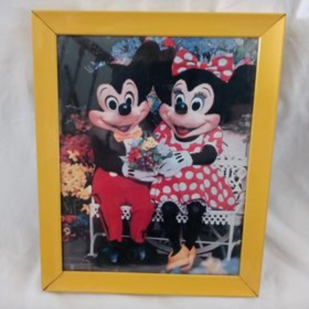 Vintage Mickey & Minnie Mouse Photo Print Yellow Frame 1985 Disney